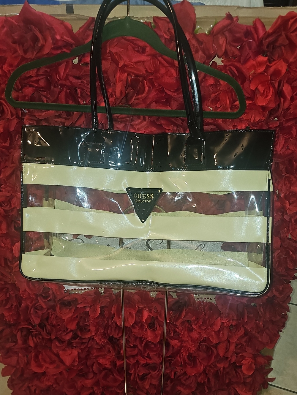GUESS "Seductive" Black and Cream Clear Stripe Tote Black Handles